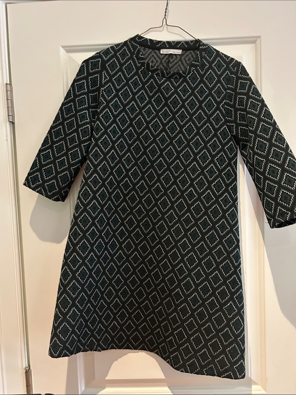 Zara Womens Black and Dark Green Diamond-Print A-Line Dress